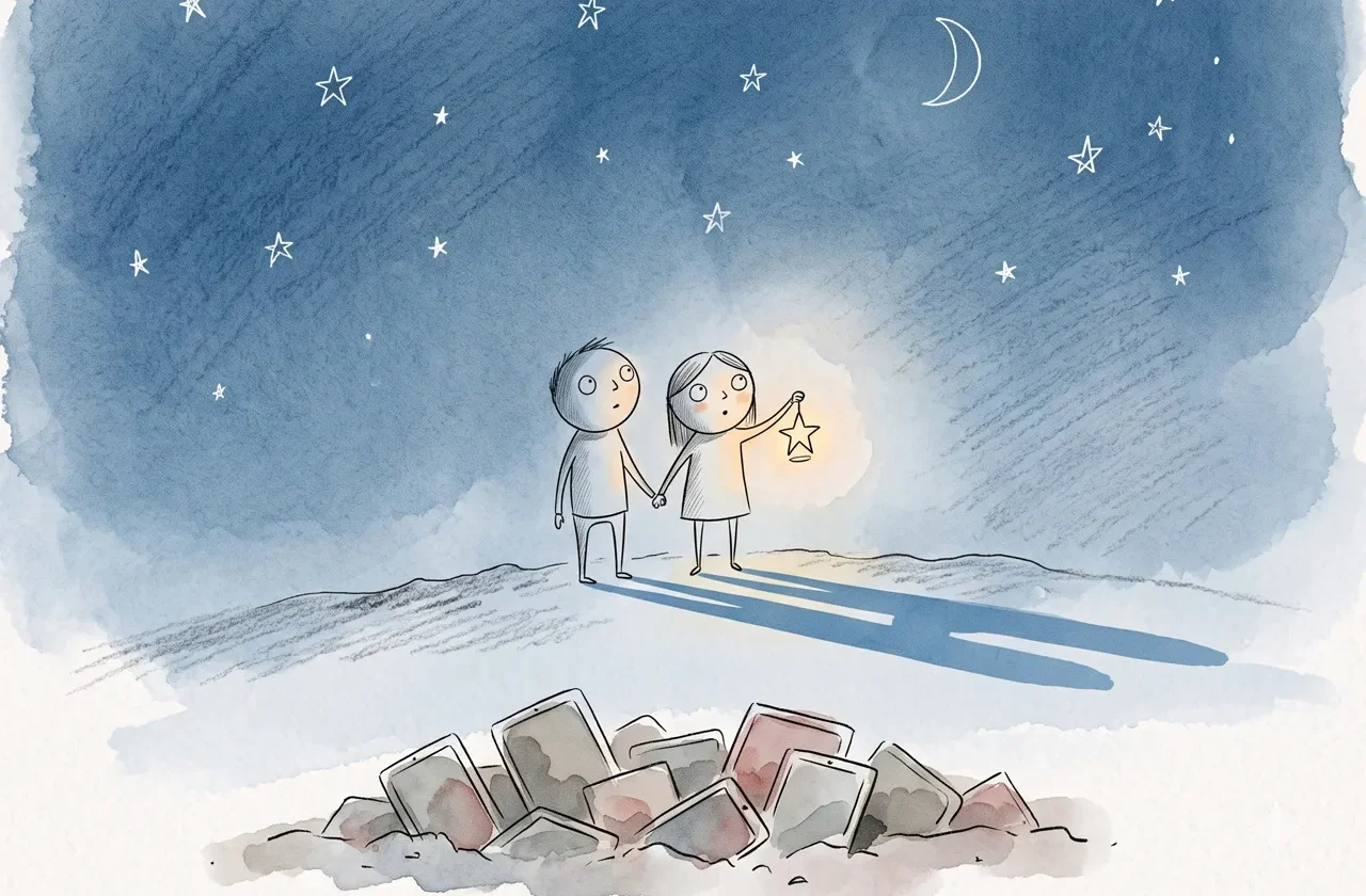 Illustration minimale dans le style d'Oliver Jeffers montrant deux personnages debout sur une colline sous un ciel nocturne étoilé en peinture aquarelle. L'un d'eux tient une lanterne lumineuse, projetant de longues ombres bleues, tandis qu'une pile de smartphones éteints repose abandonnée au pied de la colline.