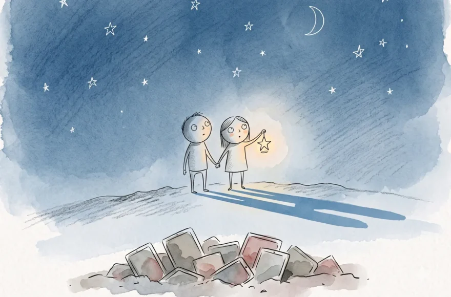 Illustration minimale dans le style d'Oliver Jeffers montrant deux personnages debout sur une colline sous un ciel nocturne étoilé en peinture aquarelle. L'un d'eux tient une lanterne lumineuse, projetant de longues ombres bleues, tandis qu'une pile de smartphones éteints repose abandonnée au pied de la colline.