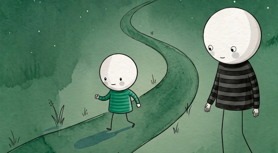 Dessin à l'aquarelle représentant deux personnages qui marchent le long d'un sentier sinueux sous un ciel de nuit vert et étoilé. Un petit personnage en pull rayé vert avance joyeusement, suivi de près par un personnage plus grand en pull rayé noir et gris qui veille sur lui.