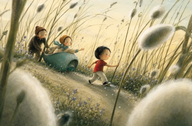 Illustration poétique d'un jeune garçon ouvrant le chemin à ses parents dans un immense champ d'herbes sauvages. Les adultes le suivent avec tendresse tandis que la nature, démesurément grande, symbolise l'exploration, la confiance et l'autonomie de l'enfant.