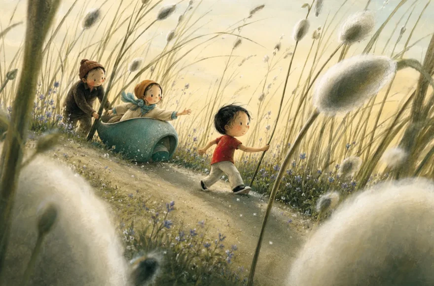 Illustration poétique d'un jeune garçon ouvrant le chemin à ses parents dans un immense champ d'herbes sauvages. Les adultes le suivent avec tendresse tandis que la nature, démesurément grande, symbolise l'exploration, la confiance et l'autonomie de l'enfant.