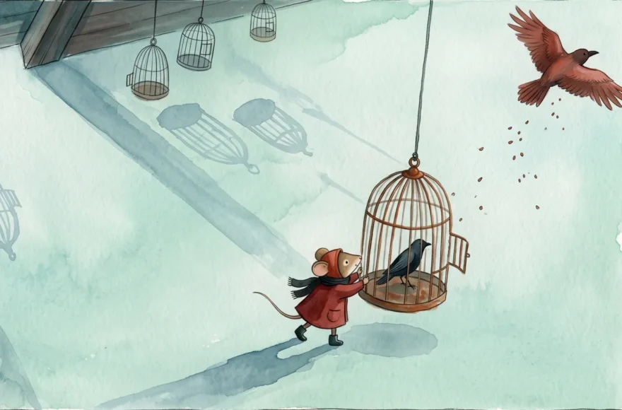 Illustration à l'aquarelle montrant une petite souris vêtue d'un manteau rouge qui ouvre la porte d'une cage suspendue, permettant à un oiseau de s'envoler librement vers d'autres oiseaux en vol.
