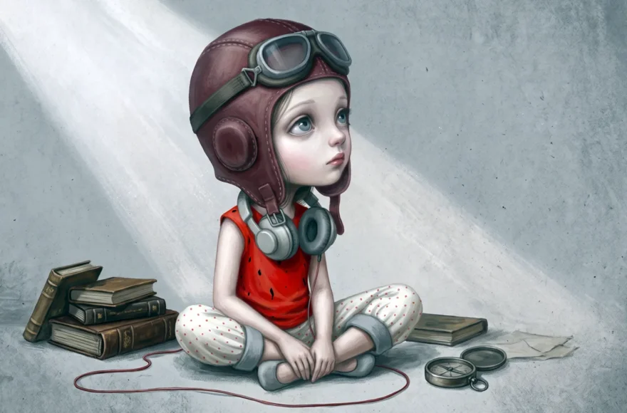 Illustration d'une adolescente pensive coiffée d'un casque d'aviateur et de lunettes rétro, assise entourée de livres et d'une boussole, symbolisant le voyage intérieur de l'adolescence