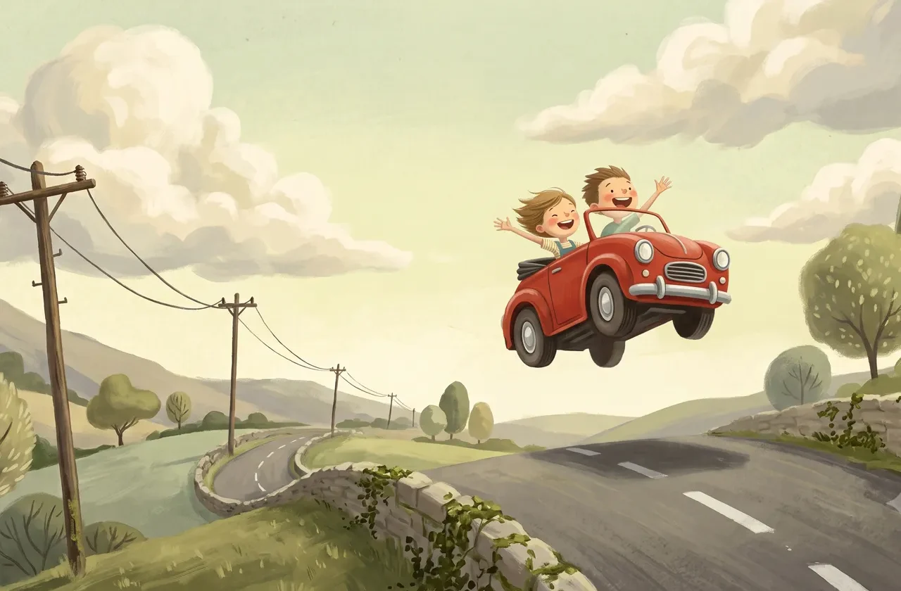 llustration poétique de style gouache numérique montrant deux enfants joyeux dans une petite voiture rouge qui s'envole au-dessus d'une colline, sous un grand ciel clair. Cette image symbolise la liberté, la sécurité émotionnelle et l'élan vers l'autre à travers la théorie de l'attachement.