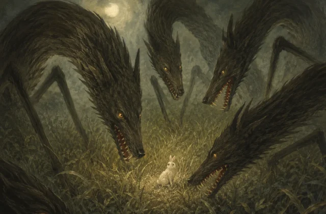 Illustration symbolique des biais cognitifs : un petit lapin blanc encerclé par des loups menaçants aux pattes démesurées, représentant l'esprit humain assailli par les raccourcis mentaux et la manipulation