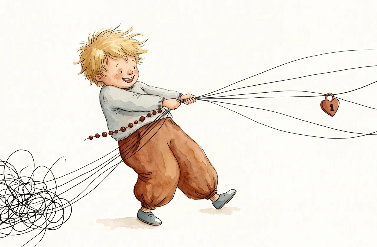 Illustration à l'aquarelle de style livre pour enfants montrant un jeune garçon blond souriant qui tire sur des fils d'encre noire. À droite, un pendentif en forme de cœur avec une serrure flotte au bout d'un fil. À gauche, les fils s'emmêlent dans un gribouillage chaotique, symbolisant la gestion des émotions.