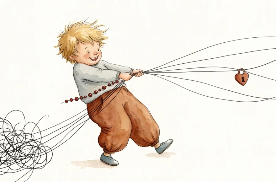 Illustration à l'aquarelle de style livre pour enfants montrant un jeune garçon blond souriant qui tire sur des fils d'encre noire. À droite, un pendentif en forme de cœur avec une serrure flotte au bout d'un fil. À gauche, les fils s'emmêlent dans un gribouillage chaotique, symbolisant la gestion des émotions.