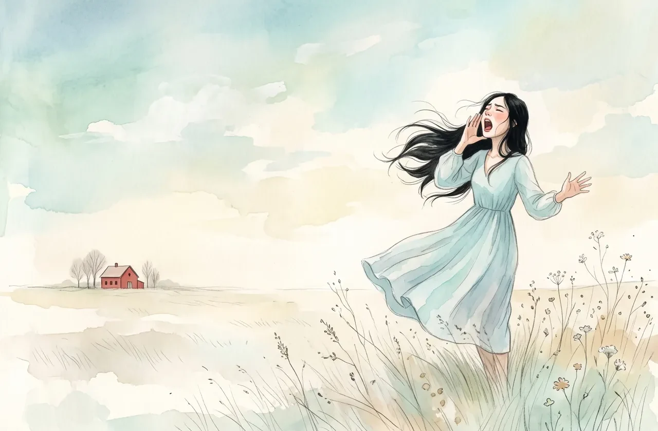 Illustration poétique représentant une jeune femme isolée au milieu de la nature, exprimant son désarroi, avec une maison éloignée en arrière-plan.