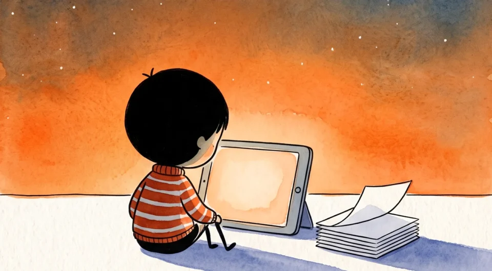 Illustration à l'aquarelle vue de dos d'un enfant en pull rayé rouge et blanc, assis par terre devant une tablette tactile lumineuse. À côté de la tablette se trouve une pile de feuilles de papier blanc. Le fond présente un dégradé de crépuscule orange sous un ciel bleu nuit étoilé doté d'un croissant de lune.