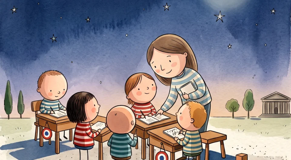 Illustration de style aquarelle montrant une enseignante et ses élèves travaillant sur des pupitres d'école en plein air, sous un ciel de nuit étoilé avec une pleine lune. Des cocardes tricolores françaises sont suspendues aux bureaux.