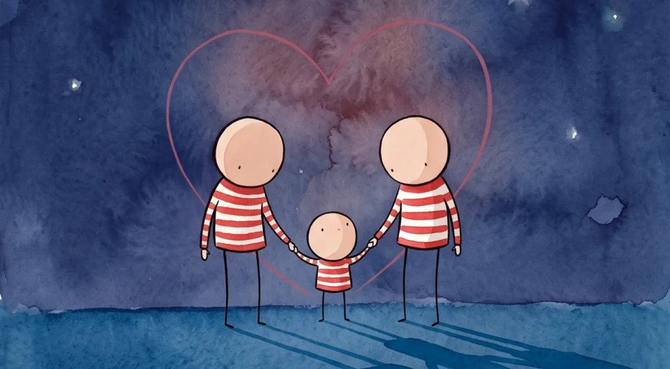 Illustration à l'aquarelle de deux parents et leur enfant se tenant la main sous un ciel étoilé, entourés d'un grand cœur rose dessiné. Ils portent tous les trois des hauts rayés rouge et blanc.