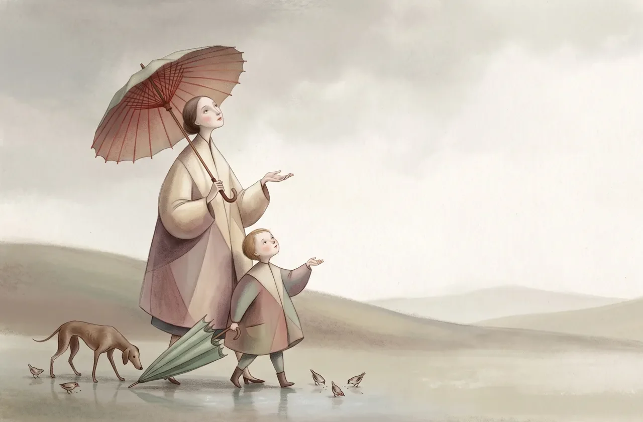 Illustration poétique montrant une mère et son enfant marchant sous un ciel couvert, une main ouverte pour accueillir les premières gouttes de pluie. Ils portent de grands manteaux géométriques, accompagnés d'un chien et de petits oiseaux dans un style livre jeunesse.