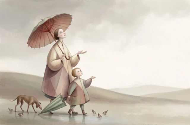 Illustration poétique montrant une mère et son enfant marchant sous un ciel couvert, une main ouverte pour accueillir les premières gouttes de pluie. Ils portent de grands manteaux géométriques, accompagnés d'un chien et de petits oiseaux dans un style livre jeunesse.