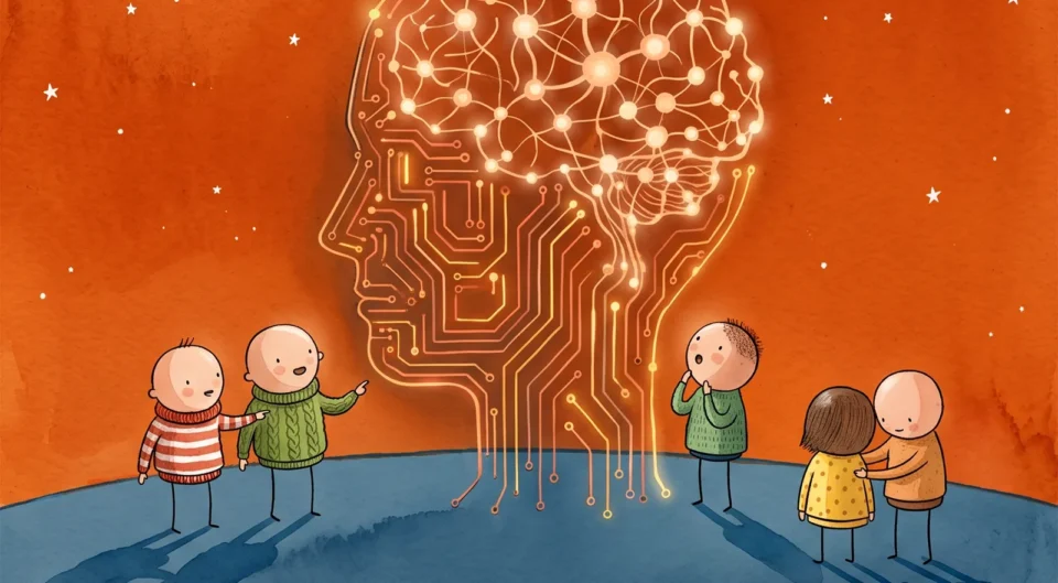 Dessin à l'aquarelle montrant un groupe de personnages observant avec curiosité et étonnement une immense silhouette de tête humaine lumineuse, dont l'intérieur forme un cerveau constitué de circuits imprimés et de connexions neuronales dorées. La scène se passe sous un ciel orangé parsemé d'étoiles et d'un croissant de lune.