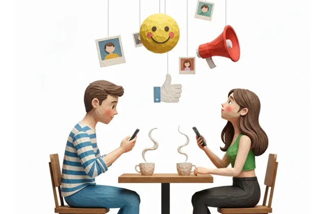 Illustration en papier maché type stop motion qui montre un couple à table, face à face, pas de communication, ils ont tous les 2 un portable à la main et regarde leur écran.