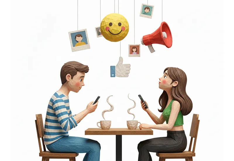 Illustration en papier maché type stop motion qui montre un couple à table, face à face, pas de communication, ils ont tous les 2 un portable à la main et regarde leur écran.