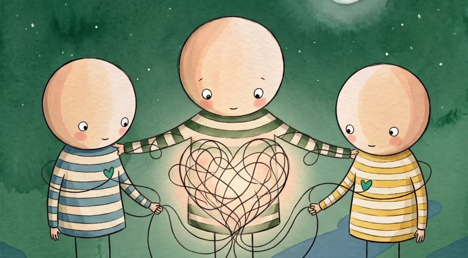 Illustration à l'aquarelle montrant trois personnages debout côte à côte sous un croissant de lune. Le personnage du milieu, vêtu de rayures vertes, relie les deux autres (l'un en bleu, l'autre en jaune) grâce à des fils noirs qui s'entremêlent pour former un grand cœur lumineux au centre.