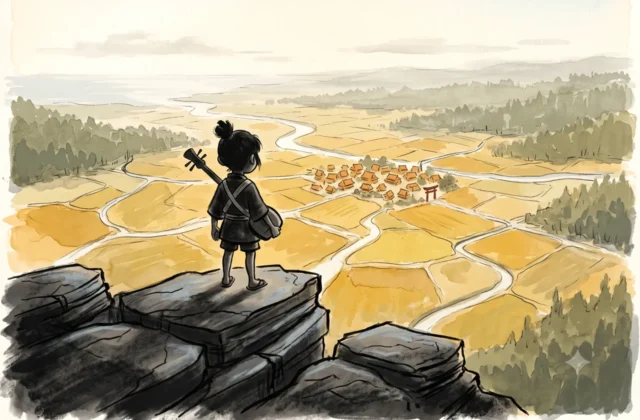 Illustration style peinture traditionnelle : un jeune enfant vu de dos sur une falaise rocheuse, un luth dans le dos, contemple une vaste vallée avec des rizières dorées et un village japonais.
