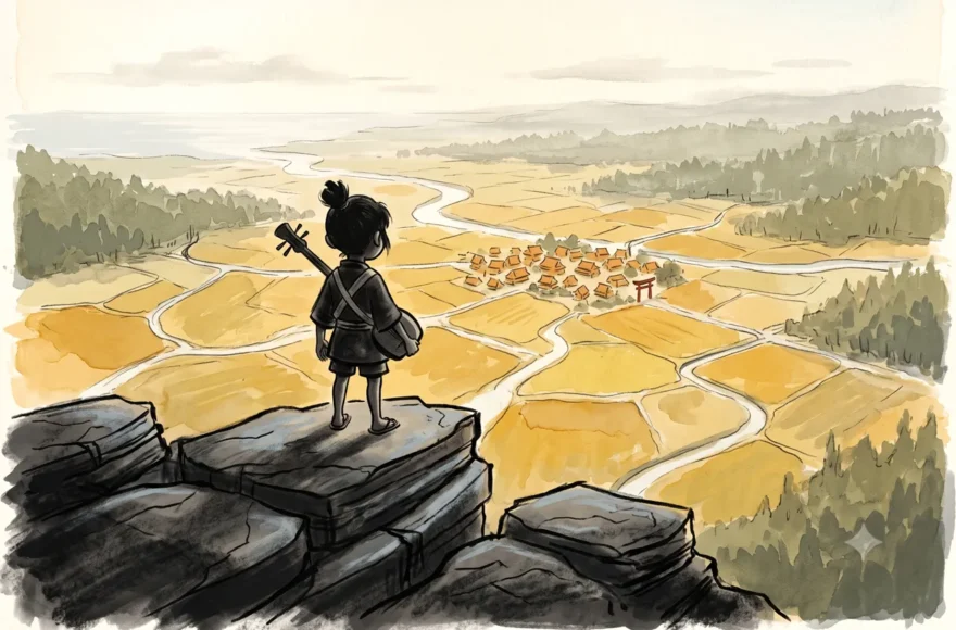 Illustration style peinture traditionnelle : un jeune enfant vu de dos sur une falaise rocheuse, un luth dans le dos, contemple une vaste vallée avec des rizières dorées et un village japonais.