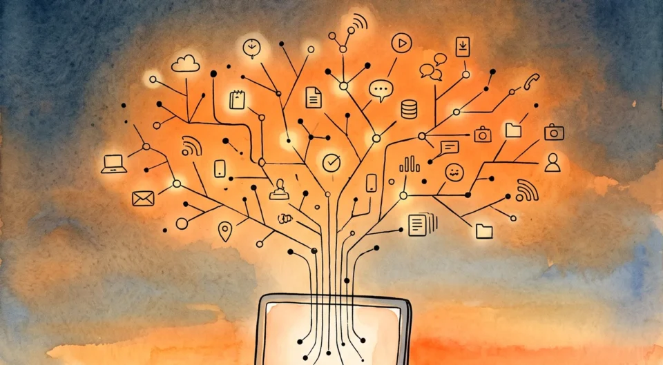 Illustration à l'aquarelle d'un ordinateur portable ouvert sur un sol blanc, sous un ciel de crépuscule dégradé d'orange à bleu nuit. De l'écran s'élève un réseau de lignes noires formant un arbre stylisé, dont les branches se terminent par des icônes numériques lumineuses (enveloppe, nuage, calendrier, appareil photo, profils).