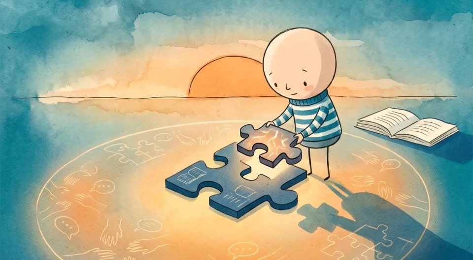 Illustration poétique d'un personnage stylisé posant une pièce de puzzle lumineuse au sol, symbolisant la collaboration. Le puzzle est entouré d'un cercle brillant orné de