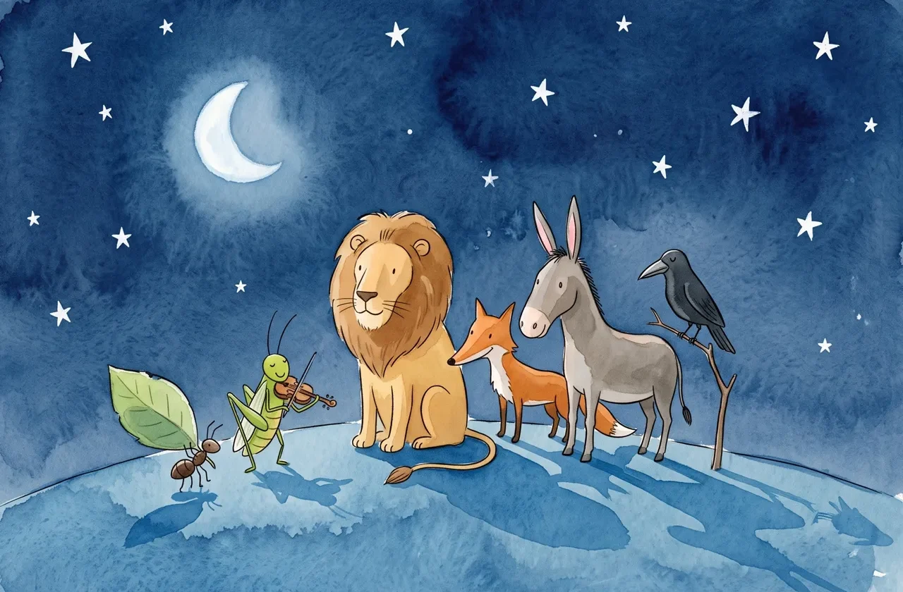 Illustration jeunesse minimaliste dans le style d'Oliver Jeffers à l'aquarelle. Sur un fond de ciel nocturne bleu profond parsemé d'étoiles et d'un croissant de lune, les animaux emblématiques des Fables de La Fontaine (la cigale, la fourmi, le lion, le renard, l'âne et le corbeau) sont réunis en une composition centrale avec de longues ombres bleues portées vers la droite.