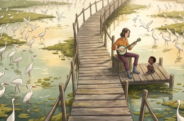 Illustration poétique dans un style gouache représentant un musicien jouant du banjo et un enfant assis sur un ponton en bois au milieu d'un marais paisible peuplé de centaines de hérons blancs. Une passerelle sinueuse s'éloigne dans la brume du matin.