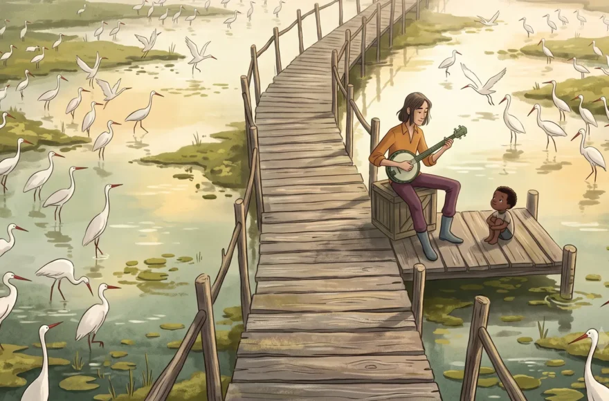 Illustration poétique dans un style gouache représentant un musicien jouant du banjo et un enfant assis sur un ponton en bois au milieu d'un marais paisible peuplé de centaines de hérons blancs. Une passerelle sinueuse s'éloigne dans la brume du matin.
