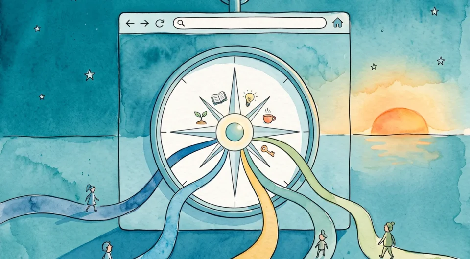 Une illustration à l'aquarelle montrant une boussole géante dans un cadre de navigateur Web, avec une rose des vents au centre. Plusieurs chemins sinueux de couleurs différentes (bleu, vert, jaune) s'étendent depuis le centre. De petites silhouettes de personnes marchent sur ces chemins. L'arrière-plan représente un paysage marin et céleste divisé entre la nuit étoilée et un lever de soleil, le tout dans un style artistique doux et onirique.