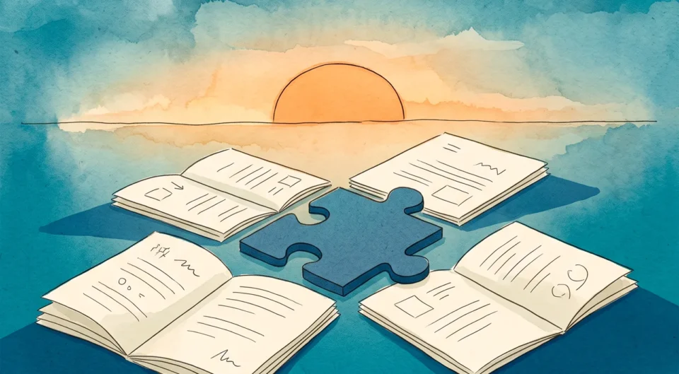 Illustration à l'aquarelle représentant quatre livres ouverts disposés autour d'une pièce de puzzle bleue, sous un ciel de coucher de soleil.
