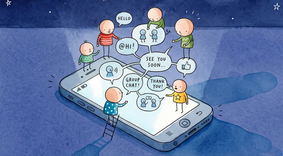 Illustration à l'aquarelle montrant un smartphone posé au sol d'où s'échappent des bulles de discussion lumineuses sous un ciel nocturne étoilé avec un croissant de lune. À l'intérieur de chaque bulle connectée, deux petits personnages discutent ou se saluent chaleureusement. Deux petits observateurs regardent la scène depuis le sol.