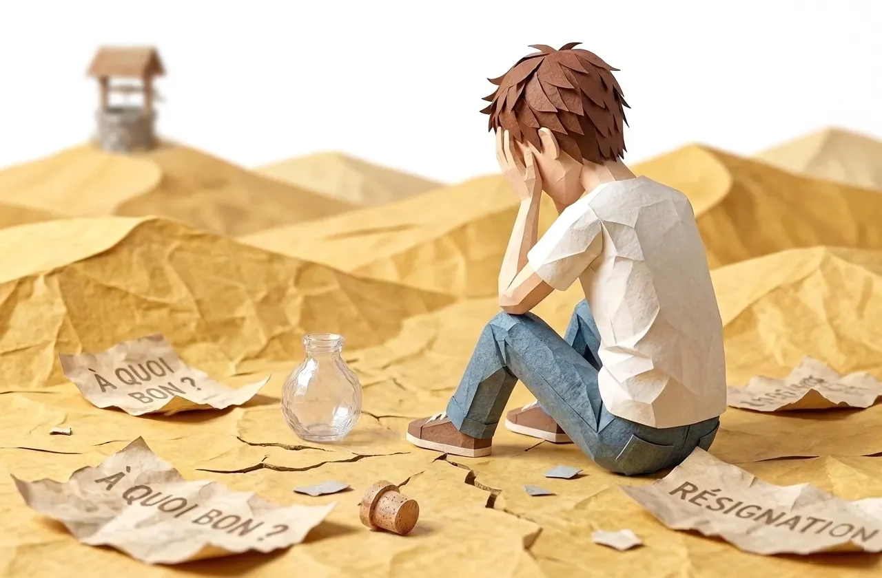 Illustration en papier découpé d'un jeune homme assis, tête dans les mains, entouré de messages froissés « à quoi bon ? » et « résignation », symbole du sentiment d'impuissance et de résignation.