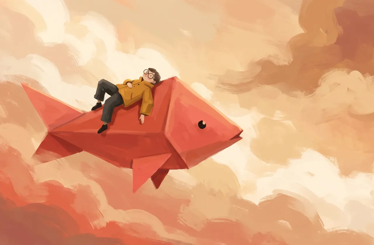 Illustration poétique représentant un personnage allongé sereinement sur le dos d'un grand poisson rouge en origami, voguant à travers des nuages dorés et chaleureux.