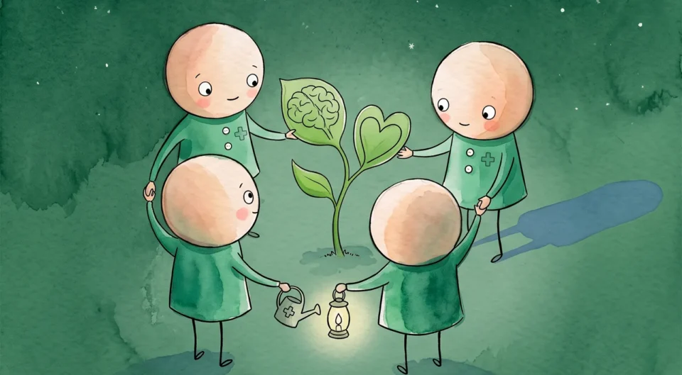 Illustration à l'aquarelle de quatre petits personnages en blouses vertes qui prennent soin d'une plante sous un ciel de nuit étoilé avec un croissant de lune. La plante a deux grandes feuilles : l'une abrite un dessin de cerveau, l'autre forme un cœur. Un des personnages arrose la plante tandis qu'un autre l'éclaire avec une lanterne.