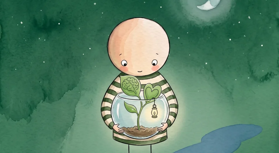 Illustration à l'aquarelle d'un personnage portant un haut rayé vert et blanc, tenant délicatement un bocal en verre entre ses mains. À l'intérieur du bocal pousse une petite plante avec une feuille dessinant un cerveau et une autre en forme de cœur, éclairée par une petite lanterne suspendue. Le tout se passe sous une lune brillante et un ciel étoilé vert.