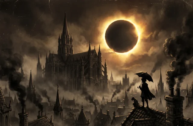 llustration gothique représentant la silhouette d'une personne avec un parapluie observant une éclipse totale au-dessus d'une cité cathédrale enfumée.