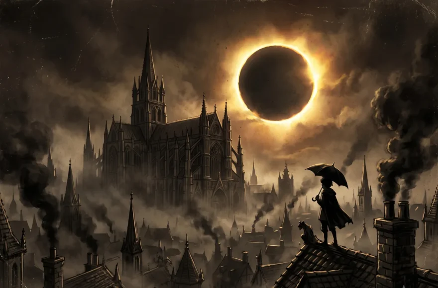 llustration gothique représentant la silhouette d'une personne avec un parapluie observant une éclipse totale au-dessus d'une cité cathédrale enfumée.