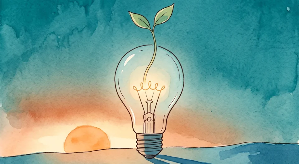 Illustration à l'aquarelle représentant une ampoule en verre allumée et posée sur un sol bleu. Du filament lumineux s'élève une jeune tige verte avec deux petites feuilles qui dépassent du sommet de l'ampoule. En arrière-plan, un soleil orange se couche ou se lève à l'horizon sous un ciel nuancé de bleu turquoise et d'orange.