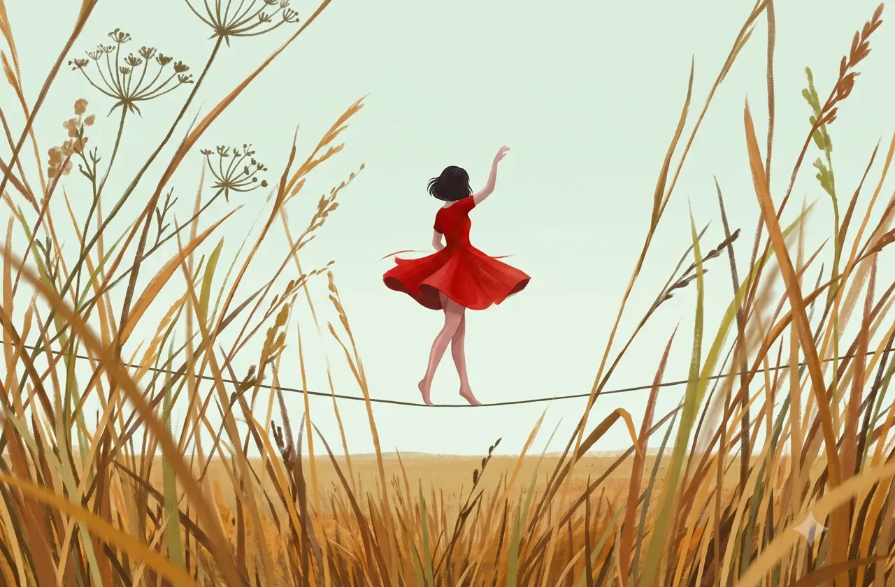 Illustration d'une funambule en robe rouge dansant sur un fil tendu au-dessus d'un champ de blé doré, sous un ciel vert pâle. Les herbes sauvages et les épis de blé au premier plan symbolisent l'équilibre et la sérénité face au stress.