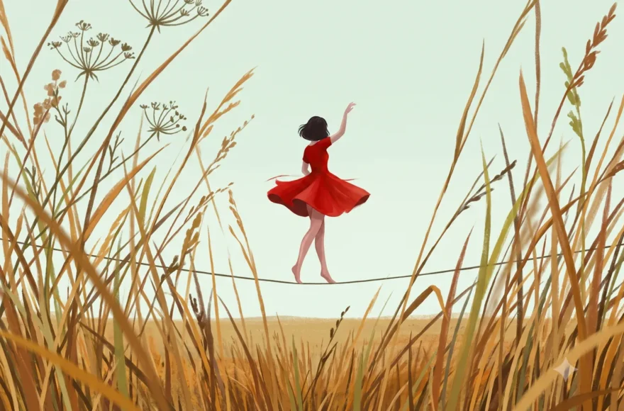 Illustration d'une funambule en robe rouge dansant sur un fil tendu au-dessus d'un champ de blé doré, sous un ciel vert pâle. Les herbes sauvages et les épis de blé au premier plan symbolisent l'équilibre et la sérénité face au stress.