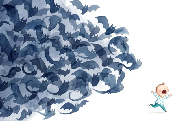 Illustration d'un enfant effrayé fuyant une immense nuée de loups bleus symbolisant le stress, l'anxiété et les peurs envahissantes.