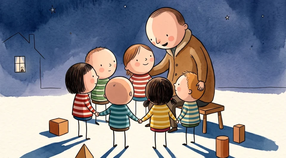 Illustration aquarelle représentant un groupe d'enfants se tenant la main en cercle autour d'un animateur bienveillant, sous un ciel de nuit étoilé. Une petite maison avec une fenêtre éclairée apparaît en arrière-plan.
