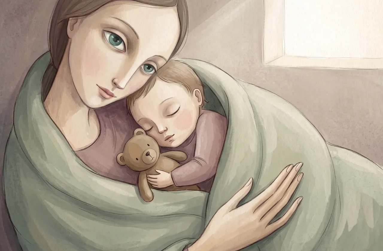 Illustration d'une mère tenant son enfant endormi dans ses bras, symbole du lien d'attachement mère-enfant