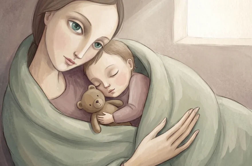 Illustration d'une mère tenant son enfant endormi dans ses bras, symbole du lien d'attachement mère-enfant
