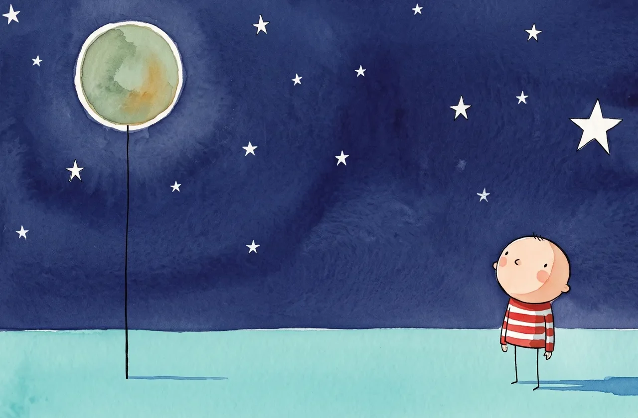 Illustration d'un petit personnage naif regardant vers le ciel nocture et étoilé. en face de lui une lumière qu'il observe en cherchant un signe de son reflet.