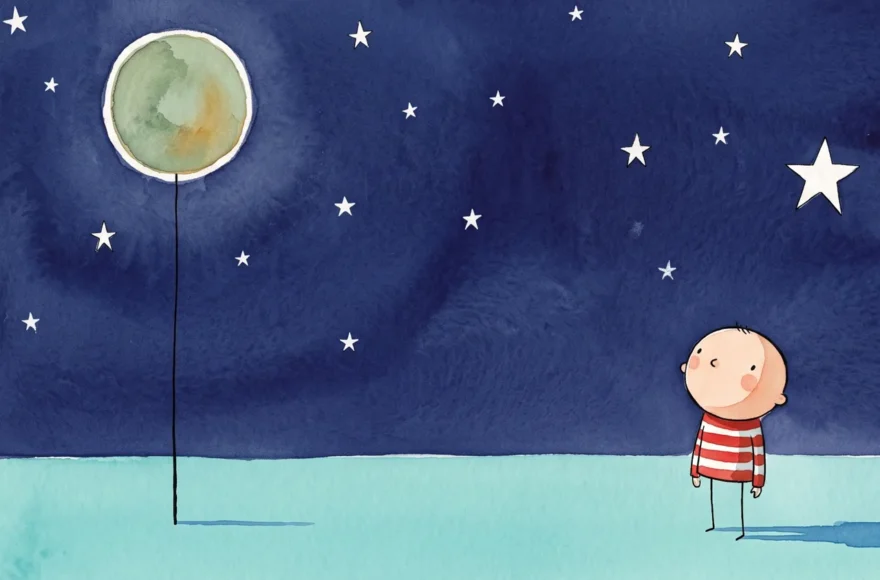 Illustration d'un petit personnage naif regardant vers le ciel nocture et étoilé. en face de lui une lumière qu'il observe en cherchant un signe de son reflet.