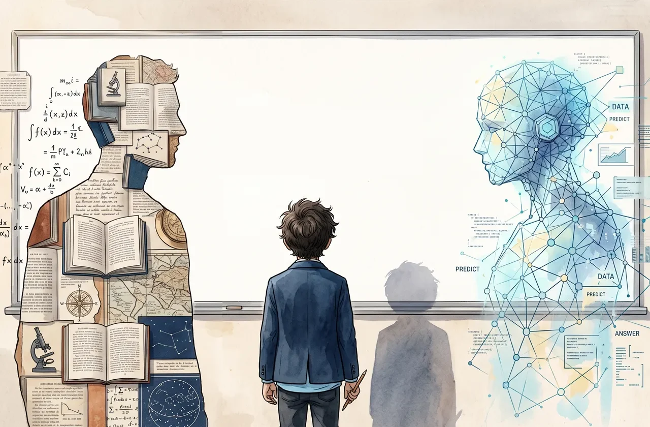 Illustration éditoriale d'un élève de dos face à un grand tableau blanc portant l'inscription « Que doit encore apprendre l'école ? ». À sa gauche, une silhouette composée de livres, cartes et formules scientifiques ; à sa droite, une silhouette formée par un réseau lumineux de données et d'intelligence artificielle.
