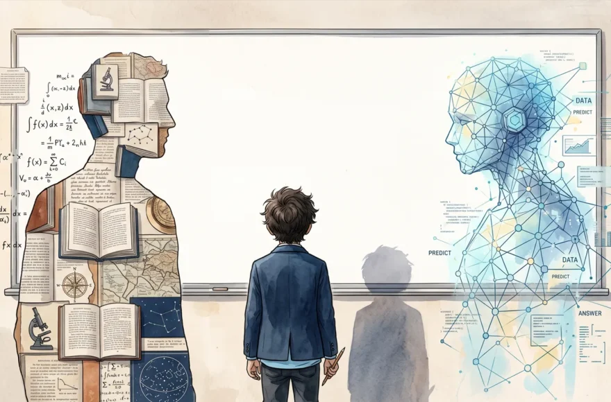 Illustration éditoriale d'un élève de dos face à un grand tableau blanc portant l'inscription « Que doit encore apprendre l'école ? ». À sa gauche, une silhouette composée de livres, cartes et formules scientifiques ; à sa droite, une silhouette formée par un réseau lumineux de données et d'intelligence artificielle.