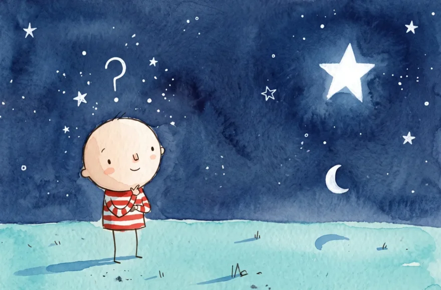 Illustration pour enfants style aquarelle représentant un petit personnage à grande tête ronde, vêtu d'un pull rayé rouge et blanc, debout sur un sol turquoise sous un ciel bleu nuit étoilé. Un point d'interrogation flotte au-dessus de sa tête et une grande étoile brille à sa droite.