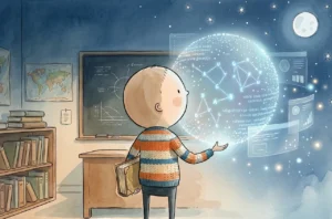 Illustration façon livre pour enfants d'un jeune garçon vu de dos, portant un pull à rayures, tenant un livre ouvert d'une main et faisant flotter une sphère lumineuse de données et de mots de l'autre. Il se tient dans une salle de classe entre une bibliothèque traditionnelle à gauche et des interfaces numériques translucides à droite.